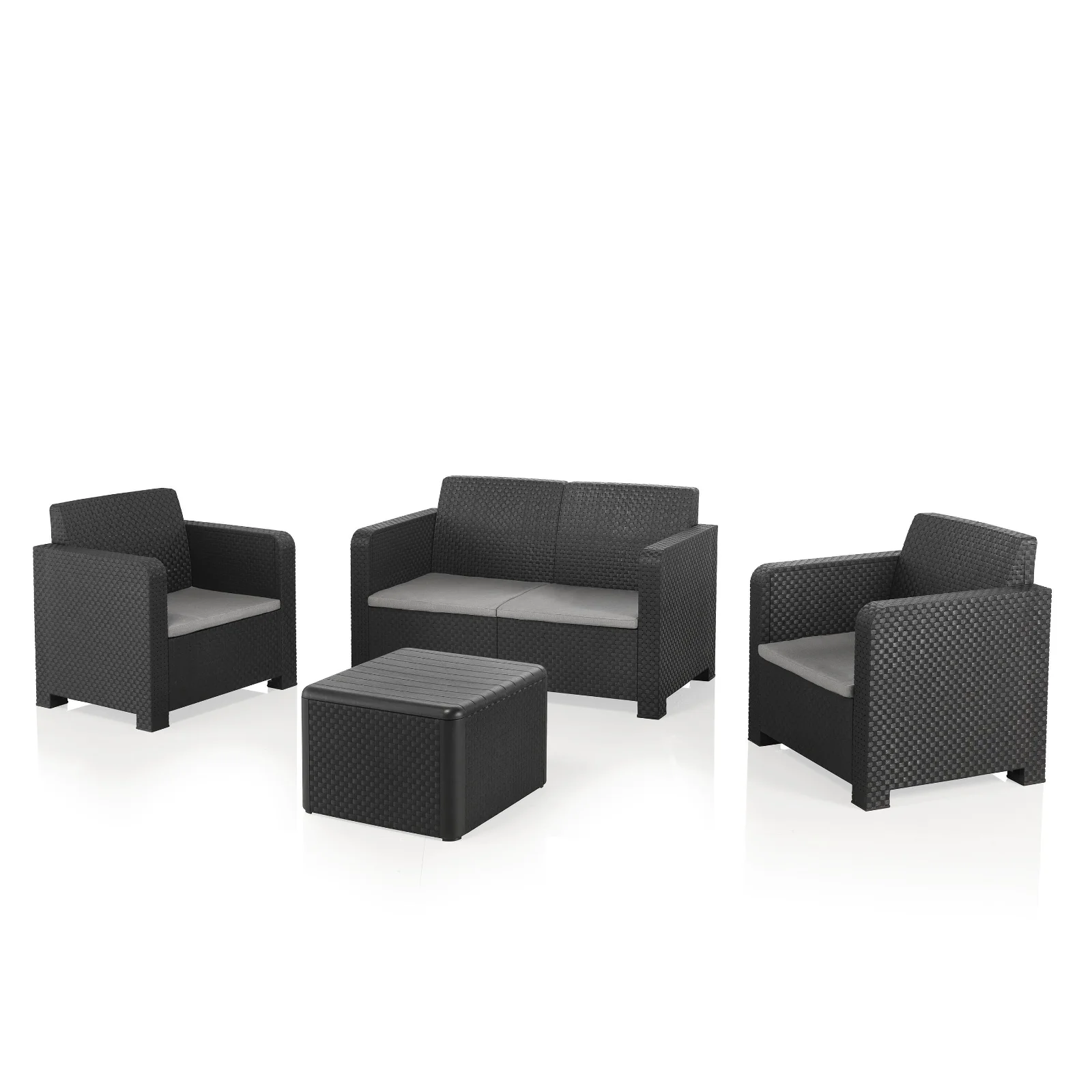 Conjunto de jardim relax resina mesa com arrumação e sofás cinzento 4 lugares
